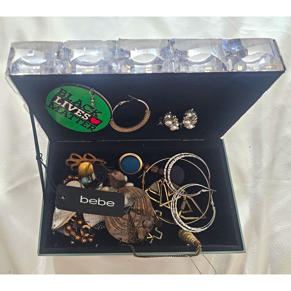 bebe Silver Mirrored Rectangle Jewelry Box + mixed lot costume jewelry